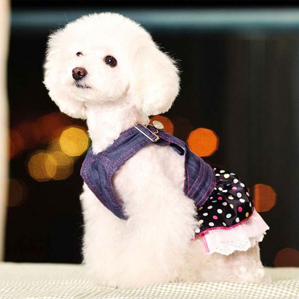 SELMAI Dog Costumes Dress Rompers Denim Jumpsuit for Small Puppies Pet Cats Princess Jean Clothes with Pocket Bib Outfits Pleated Tiered Skirt Polka Dots Heart Sequins for Summer M