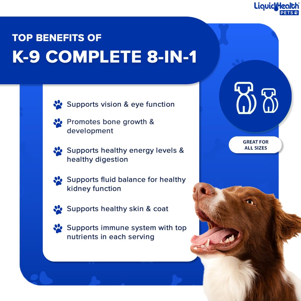 LIQUIDHEALTH Pets K9 Complete 8-in-1 Liquid Multivitamin for Adult Senior Dogs & Puppies, All in One Complete Formula Canine Vitamins for Skin & Coat, Joint Health, Immune Support - USA Made (32 oz)