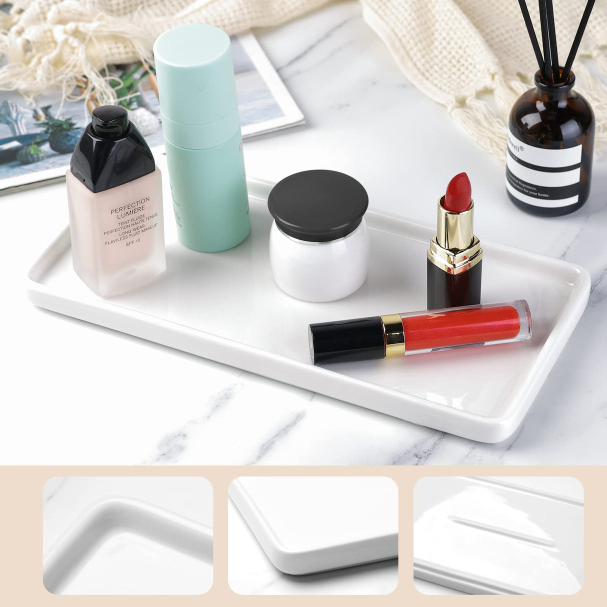 8" Bathroom Trays - Ceramic Vanity Tray for Bathroom - Small Ceramic Tray - Kitchen Soap Trays - Porcelain Dispenser Organizer for Kitchen Bathtub Counter (White)