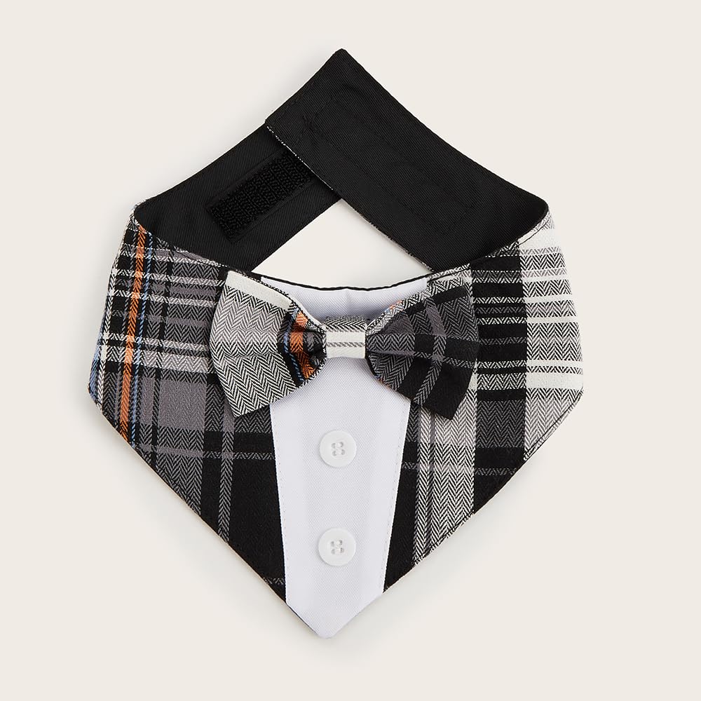 HDGDT Plaid Dog Bandana Tuxedo with Bow Tie, Adjustable Washable Cotton Formal Pet Wear for Dogs and Cats XS to XL