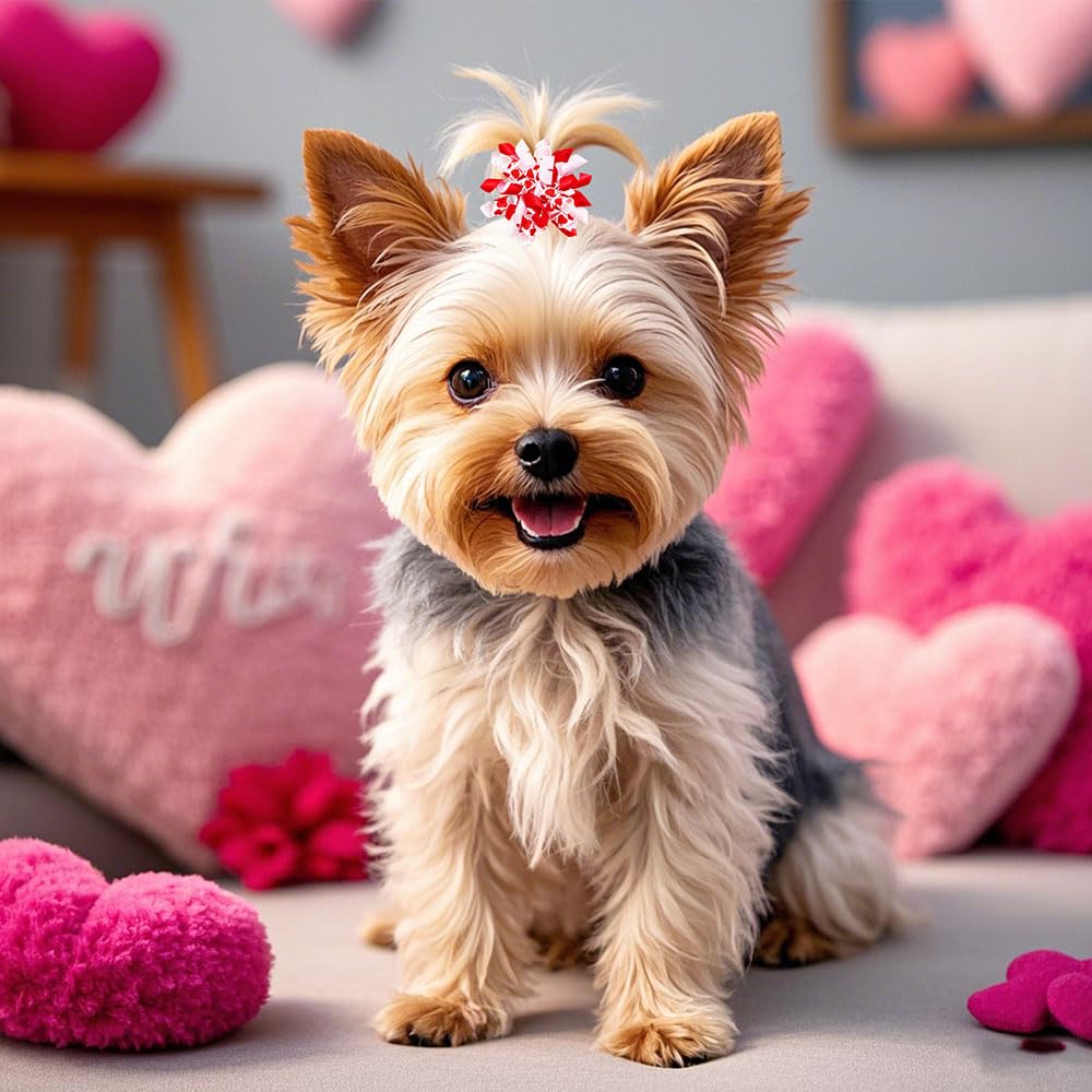 Senniea 60Pcs Dog Bows with Rubber Bands Love Heart Dog Bowknot Hair Bows Red Pink PuppyTopknot Bows for Day Doggie Cat Bunny Yorkie Pet Hair Grooming Accessories (Valentine's Day)