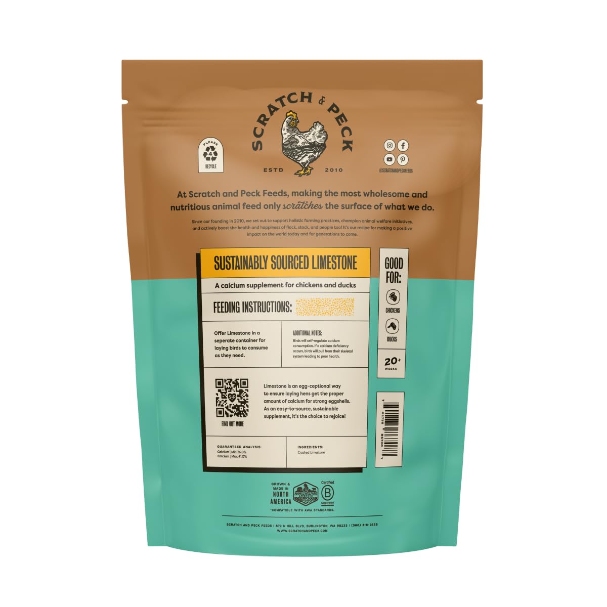 Scratch and Peck Limestone Supplement for Chickens and Ducks - High in Calcium, Made from Pure and Sustainably Sourced Limestone - 8 lbs Bag