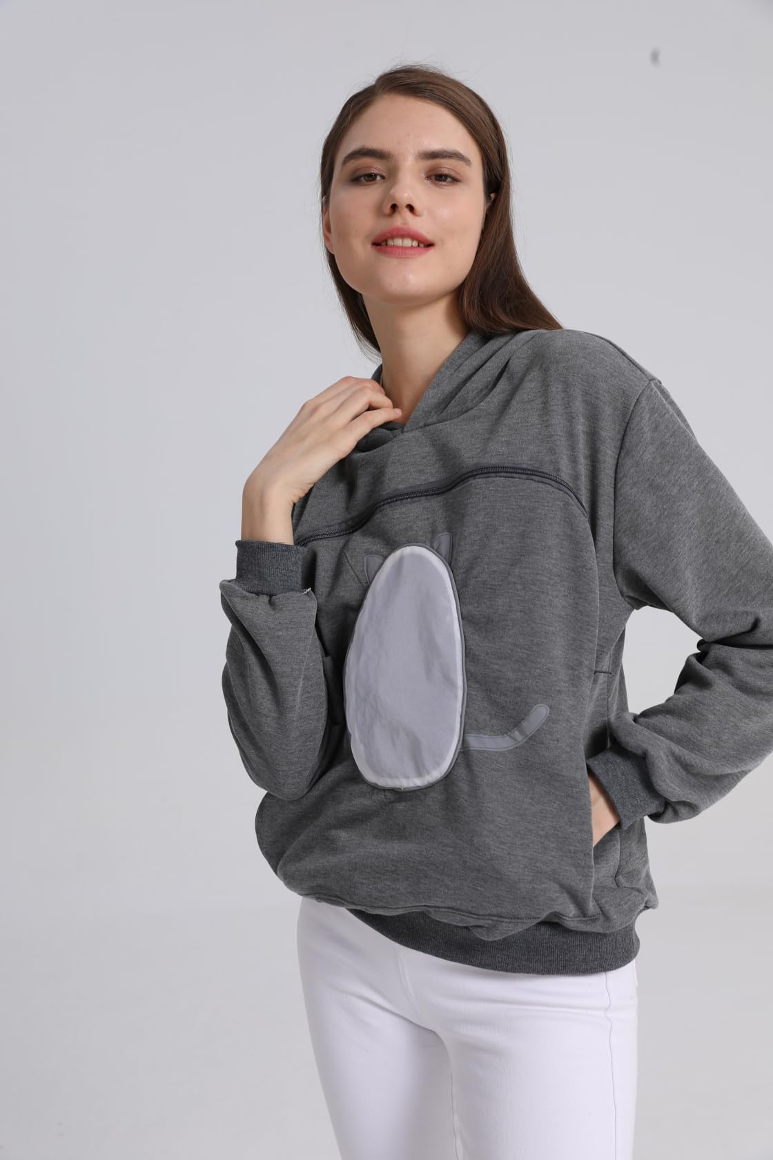 ALYC Pet Carrier Hoodie Cat Dog Pouch Holder Sweatshirt Large Pocket Pullover Shirt with Cat Ear for Women Dark Gray