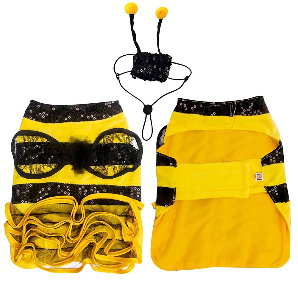 Bee Dog Halloween Costumes, Bumblebee Dress Cosplay Clothes with Cap, Funny Pet Halloween Outfit for Small Medium Large Dogs Cats Christmas Birthday Party Photo Props