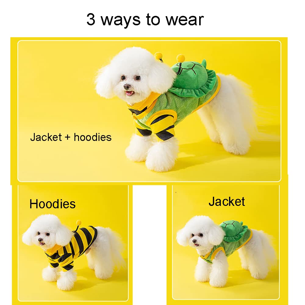 Anelekor 2 PCS Funny Warm Small Dog Clothes Halloween Pet Bee Costume Winter Puppy Hoodies and Vest Sets Flannel Jacket with D-Ring for Cats Dogs (Green, Large)