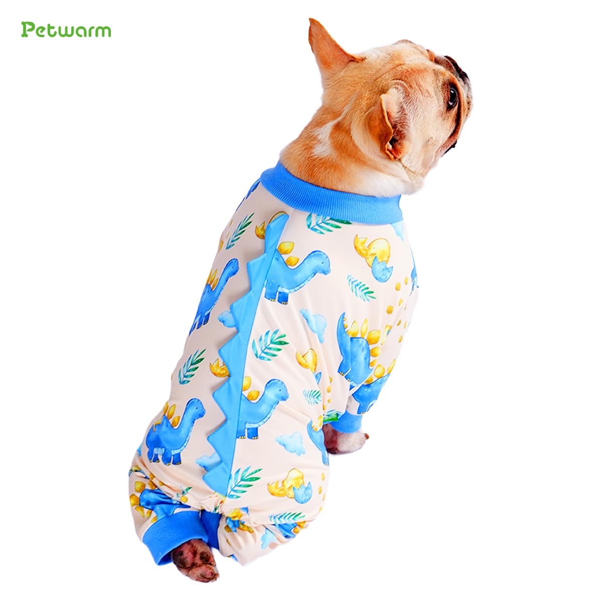 PetWarm Dog Pajamas, Pajamas for Dogs, All-Season Wear for Daily Walks and Indoor Rest, Travel-Ready for Car Rides, Helps Contain Loose Hair During Seasonal Changes, Dinosaur Print, Light Blue, 2XL