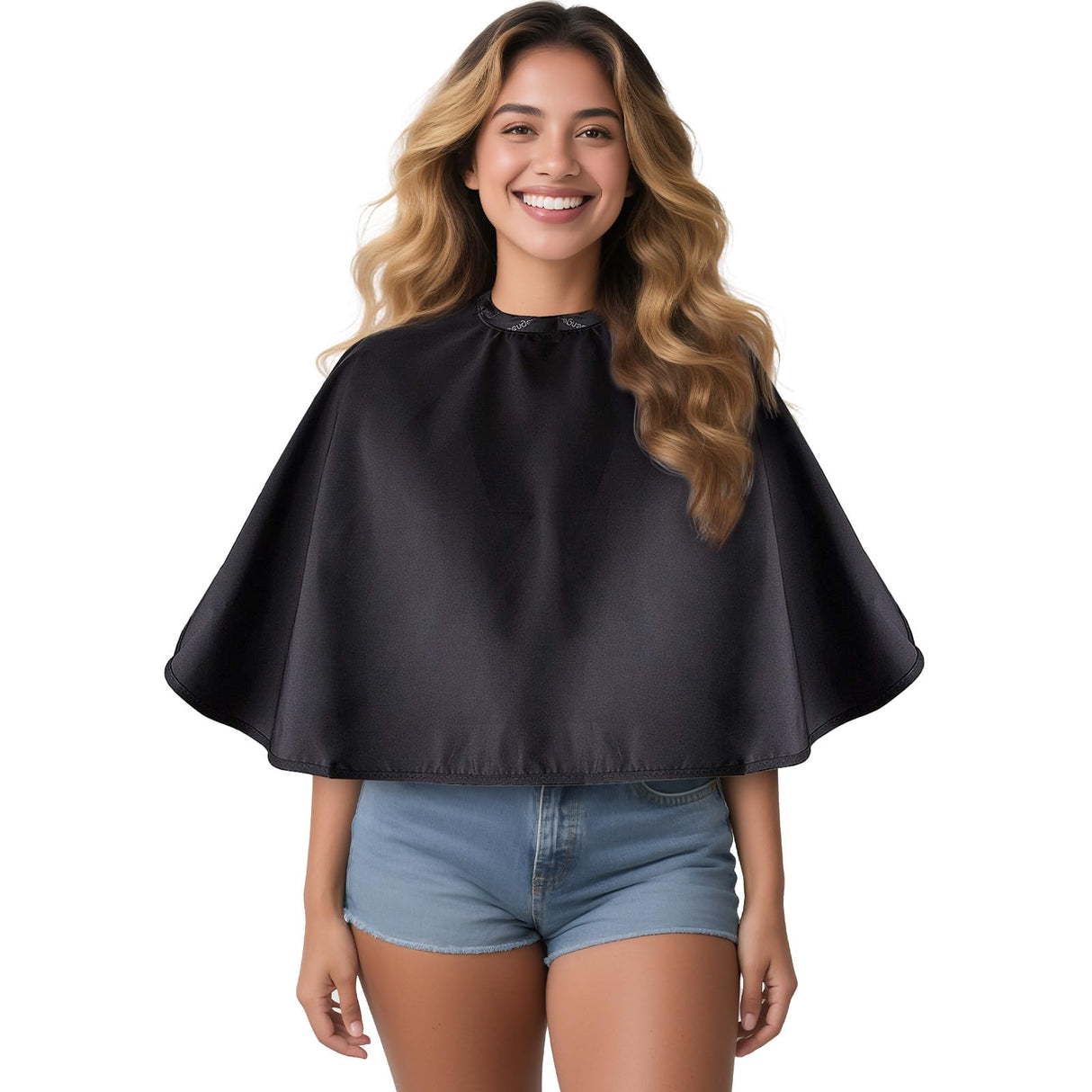 Black Makeup Cape, Chemical & Water Proof Beauty Salon Shorty Smock for Clients, Lightweight Comb-out Beard Apron Shortie Make Up Bib Styling Shampoo Cape for Makeup Artist Beautician