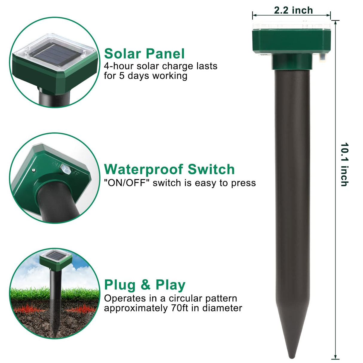 Solar Powered 6 Pack Solar Mole Repellent Ultrasonic for Vole, Snakes, Gopher, Waterproof Sonic Mole Deterrent Spikes,Snake Gopher Vole Repellent for Garden and Yard