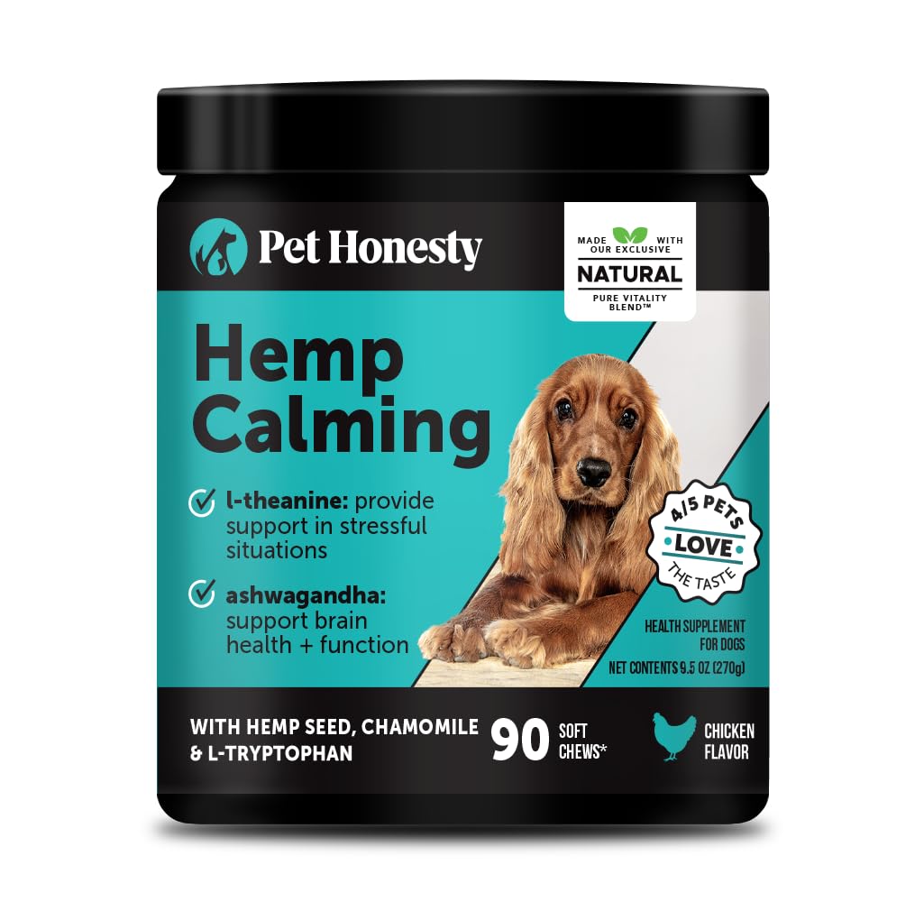 Natural Hemp Calming Chews for Dogs - Calming Aid Supplement for Occasional Anxiousness with Valerian Root, Chamomile, + Magnesium - Stress, Separation & Thunder Support - (Chicken, 90 Count)