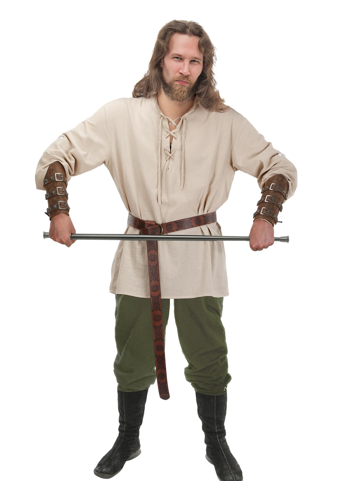 Jiuguva 4 Pcs Halloween Men's Renaissance Costume Set Medieval Pirate Shirt Ankle Banded Pants Viking Belt Accessories (Stylish Color,X-Large)