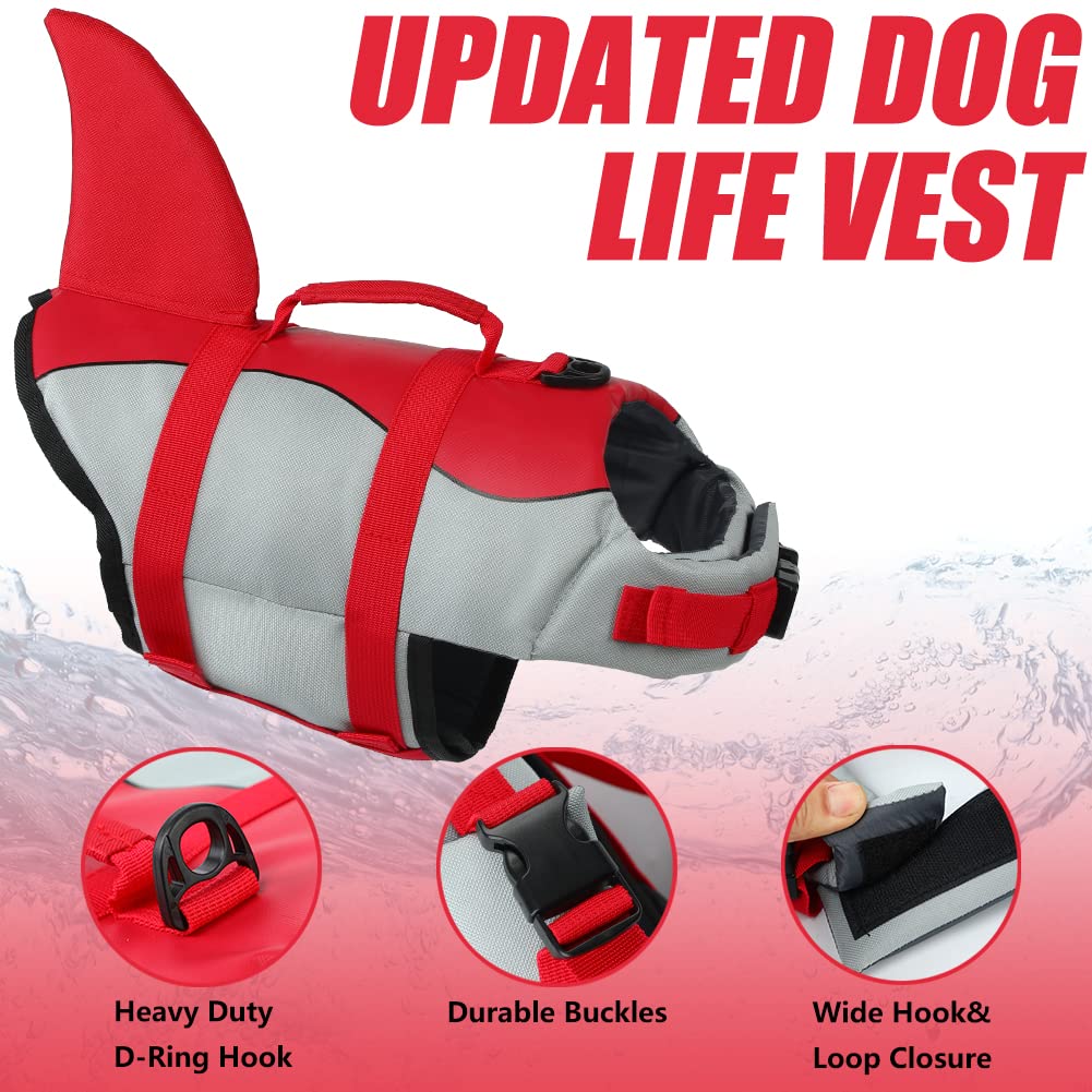EMUST Shark Life Jackets for Dogs, Adjustable Ripstop Dog Life Vest for Water Safety Pet Life Vest with Rescue Handle Safety Vest for Swimming Pool Beach Boating, (L,Red)