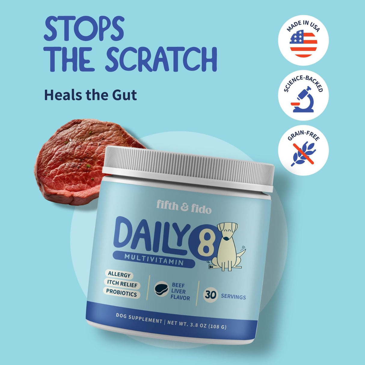Fifth & Fido Dog Allergy Relief Formula – Natural Daily Food Topper Powder for Dog Itching Skin Relief, Immune & Gut Support with Turkey Tail, Quercetin & Probiotics