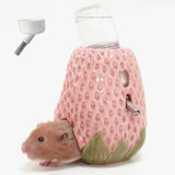 Hamster Water Bottle, Strawberry Ceramic Hamster Gerbil Water Bottle for Glass Tank, Dispenser, 80ML Bottle for Water Holder Stand with 2 No Drip Caps for Syrian Mice, Gerbil（Pink