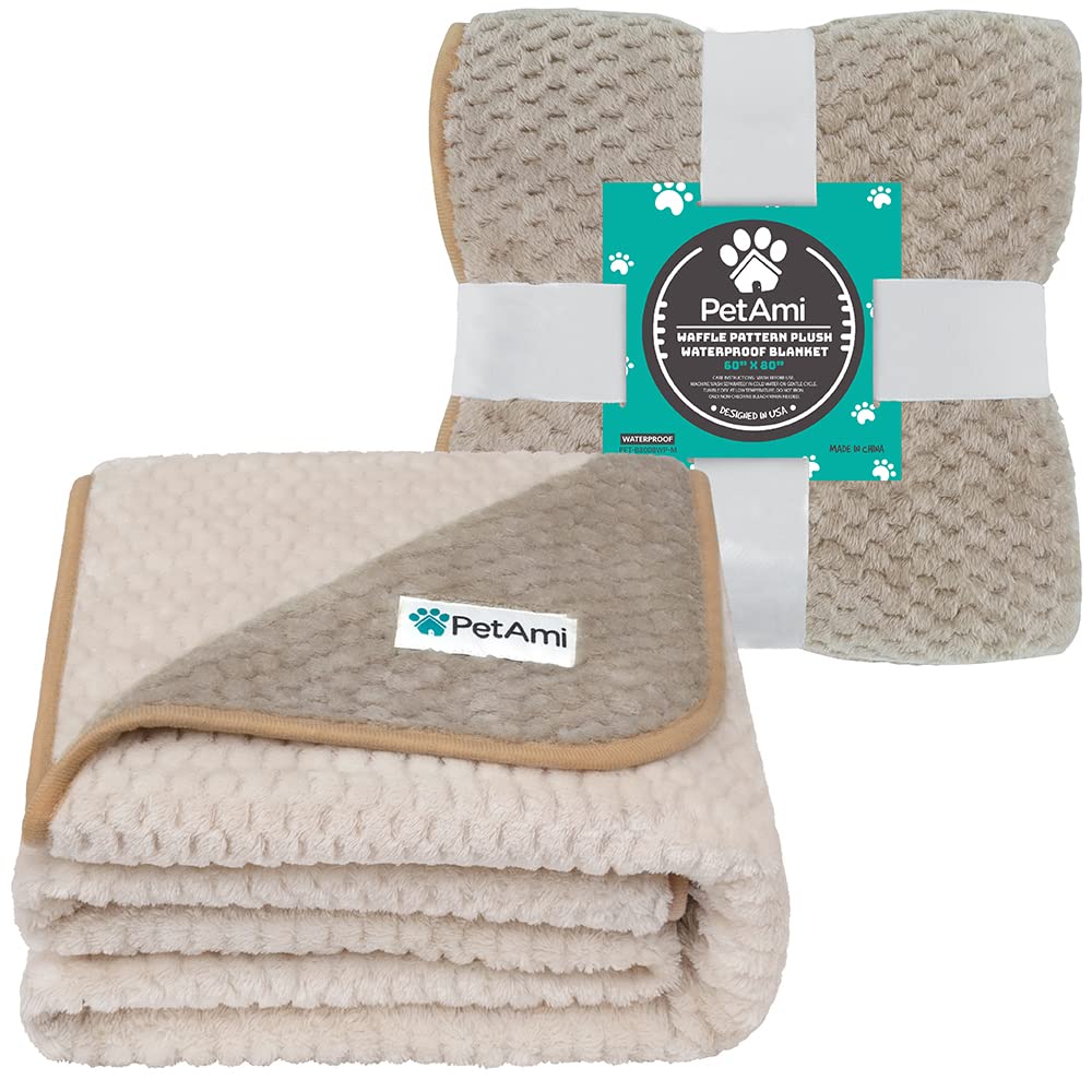 PetAmi Waterproof Dog Blanket, Leakproof XL Pet Blanket for Large Dogs, Furniture Sofa Couch Cover Protector, Fleece Cat Throw Bed Crate Kennel, Reversible Washable Soft Plush, Twin 60x80 Taupe Beige