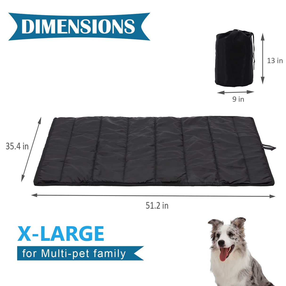 BDEUS 51x35In Extra Large Size Outdoor Dog Bed, Waterproof & Portable Camping Travel Pet Mat, Easy to Clean, Washable Odor Resistant Pet Cooling Pad (Black)