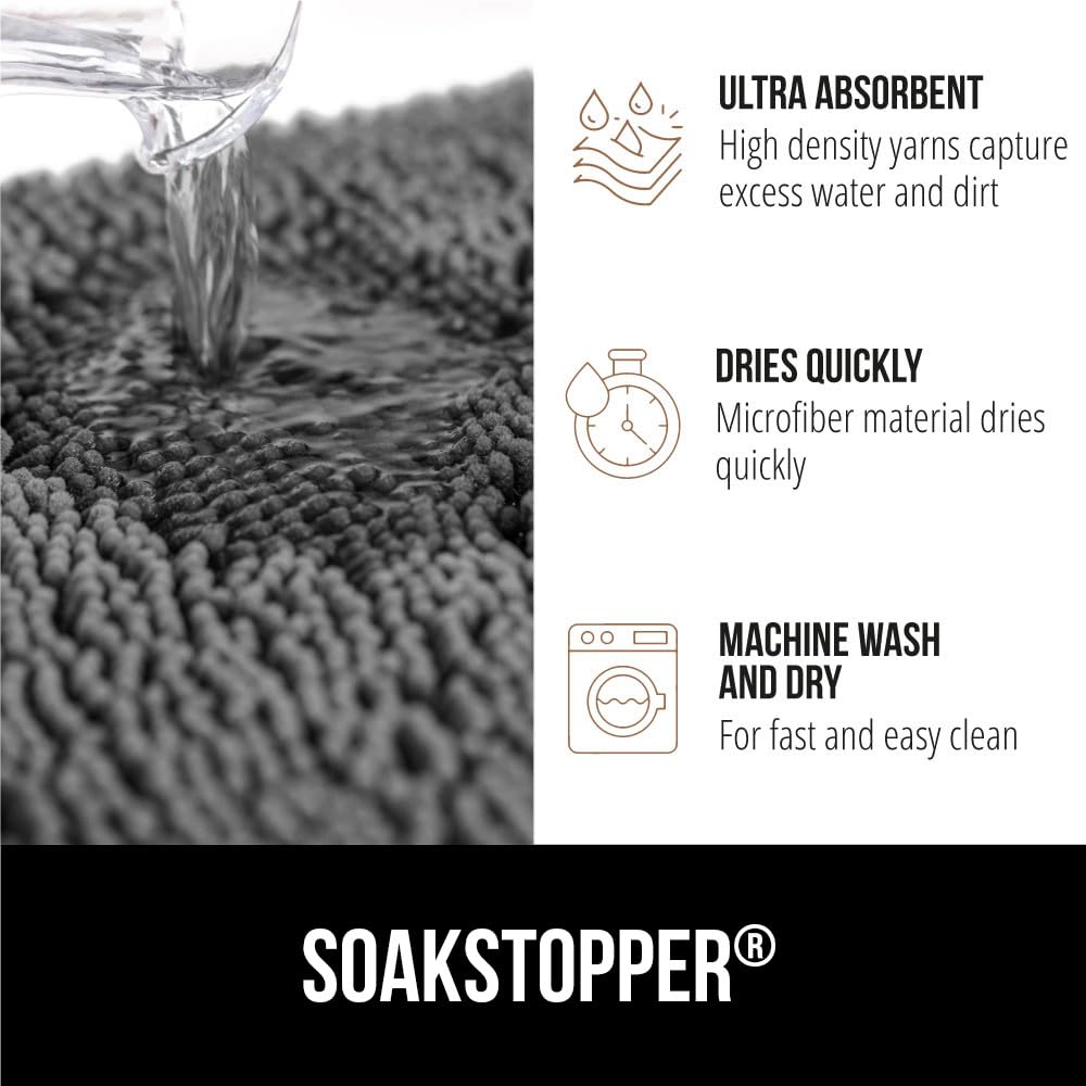GORILLA GRIP SoakSTOPPER Dog Door Mat, 60x36 Machine Washable Rug Absorbent Doormat Captures Moisture Mud Dirt, Quick Dry Soft Chenille Entryway Rugs Indoor Entrance Mats for Dog Paws, Grey