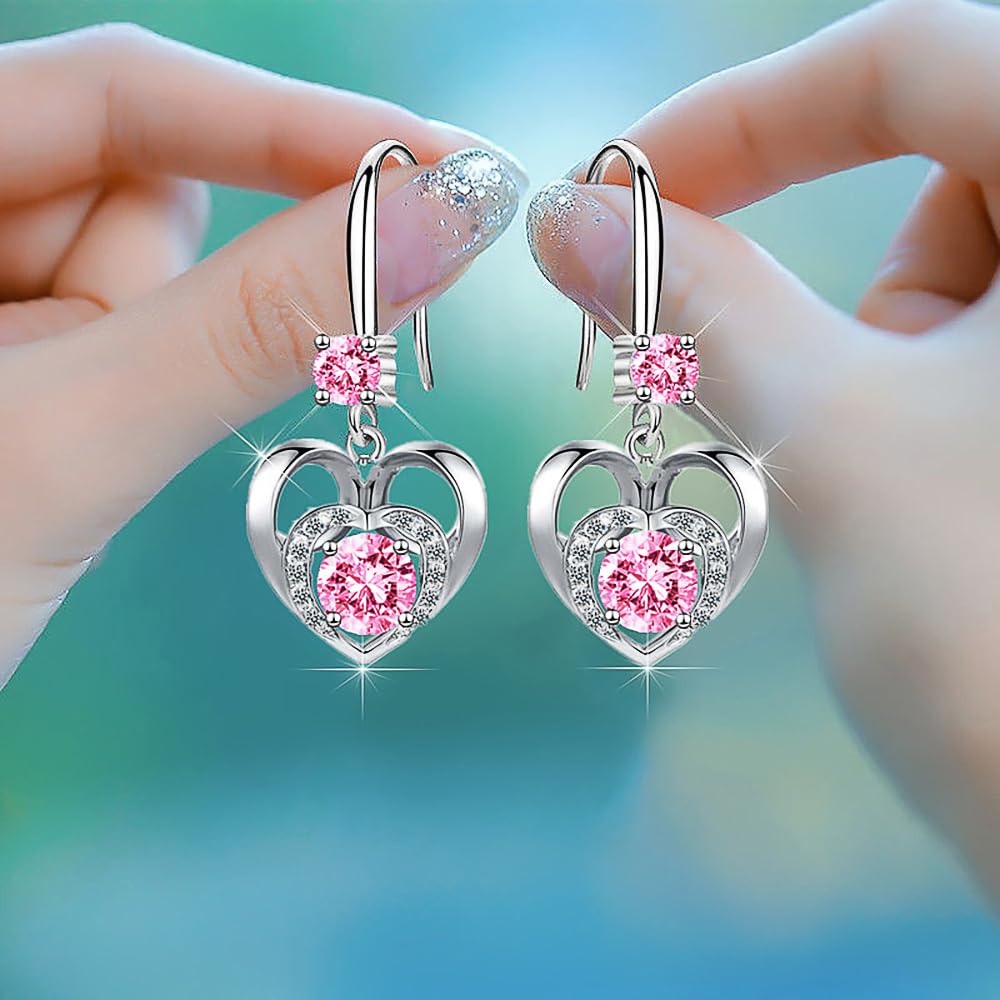 Fancy Heart Drop Earrings for Women Brilliant Pink Cubic Zirconia Fashion Jewelry #E1231