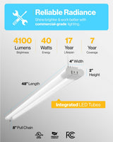 Sunco 12 Pack LED White Hanging Workshop Garage Shop Light 4FT, Plug in Linkable Utility Fixture, 6000K Daylight Deluxe, 40W=260W, 4100 LM, Integrated T8, Pull Chain - ETL