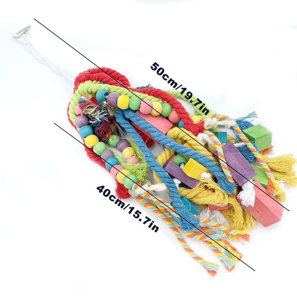 GILYGI 20.5 inch Parrot Chewing Toys - Wooden Block Tearing and Cotton Rope Toys for Medium Large Extra Large Parrot Conures African Grey Amazon Cockatoo and Macaw