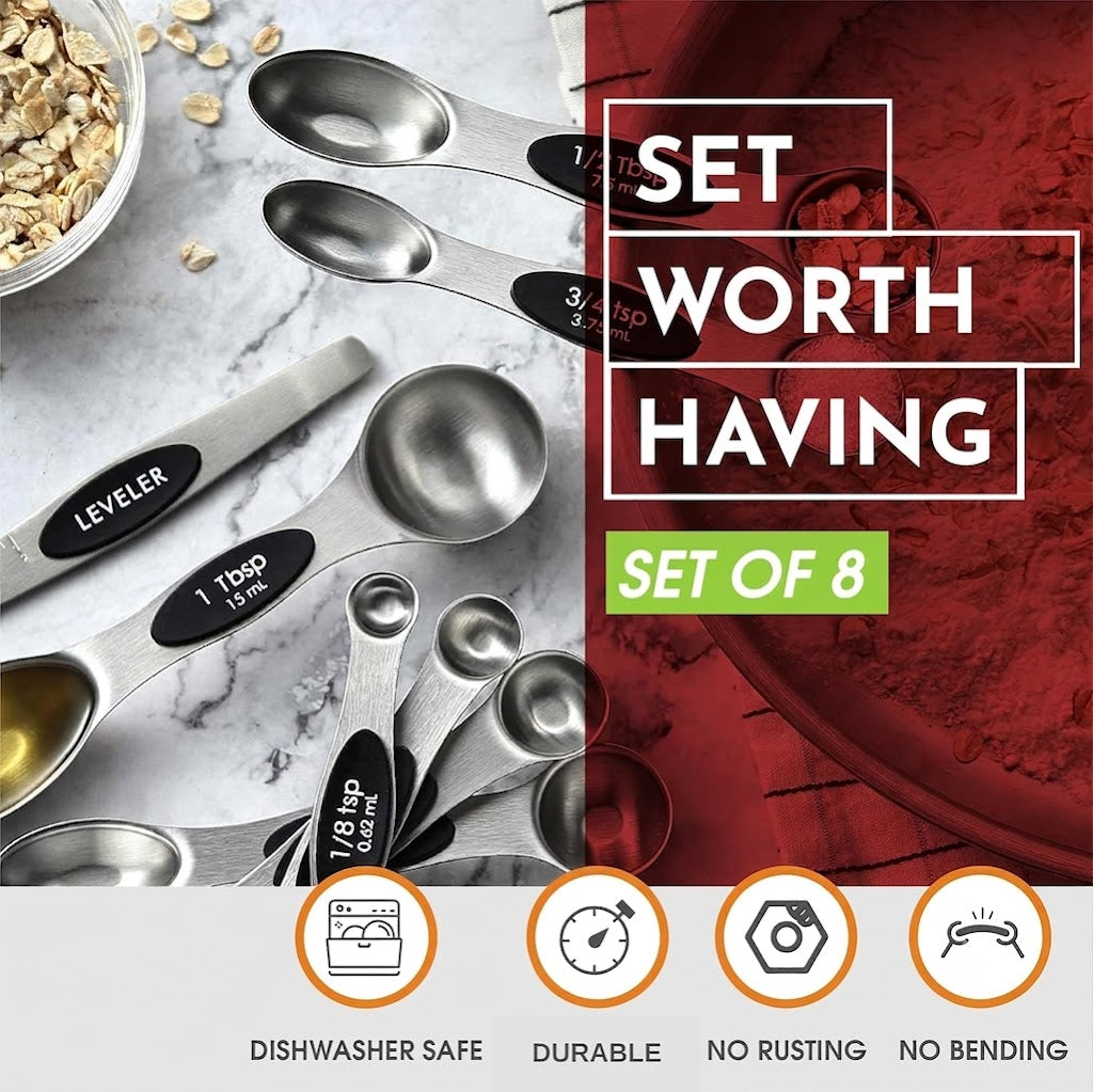 Stainless Steel Magnetic Measuring Spoons Set with Strong N45 Magnets, Heavy Duty Metal Kitchen Gadgets for Baking & Cooking, Fits in Most Kitchen Spice Jars, Set of 8 with Leveler, Black