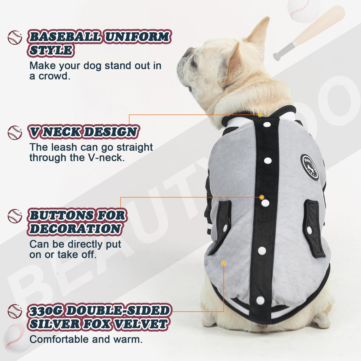 BEAUTYZOO Dog Sweaters for Small Medium Large Dogs, Dog Hoodie Warm Fleece Dogs Winter Clothes Cute Stylish Boy & Girl Dog Sweatshirts, Grey Sport Coats Baseball Uniform Jackets for Puppy, M