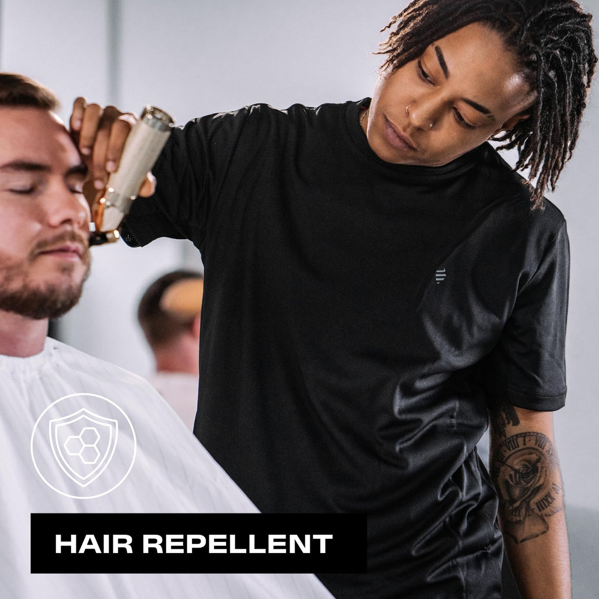 Barber Strong The Barber Tech Tee, Men's Black, Hair Repellent, Ultra Lightweight T-Shirt with Breathable Vented Side Panels, Moisture-Wicking 4-Way Stretch Fabric, Size Medium, Great for Pet Grooming