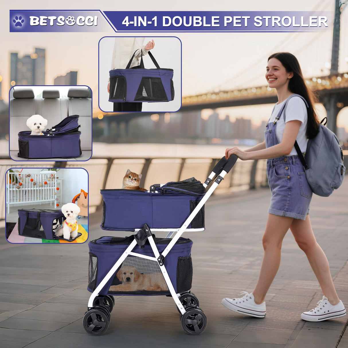 BETSOCCI Double Dog Stroller with 2 Detachable Carrier, Portable Pet Stroller for Small Dogs & Cats Folding Lightweight Puppy Travel Carriage, 4 Wheels, Blue