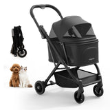 Foldable Dog Stroller for Small Dogs & Cats Portable Compact Pet Stroller Up to 35lbs Medium Pets One Click Folding Large Cat Carriage with Convertible Canopy Storage Basket - Black
