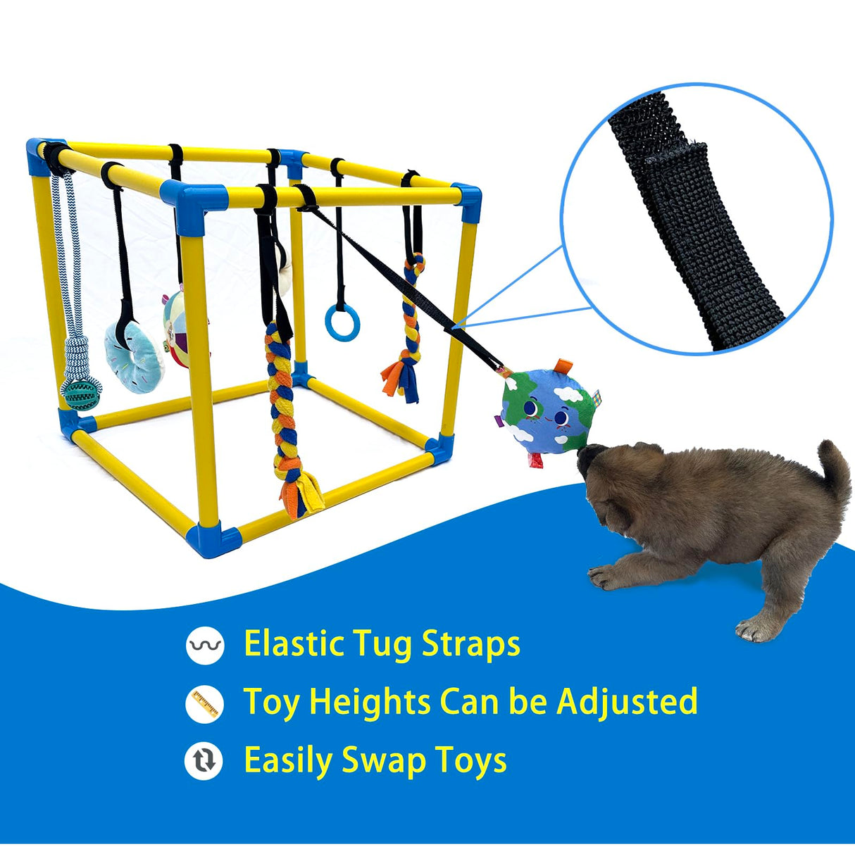 Dewonch Puppy Play Gym with 8 Hanging Toys, Small Dogs Indoor Jungle Gym, PVC Frame with Bungee Straps Enrichment Activity Center