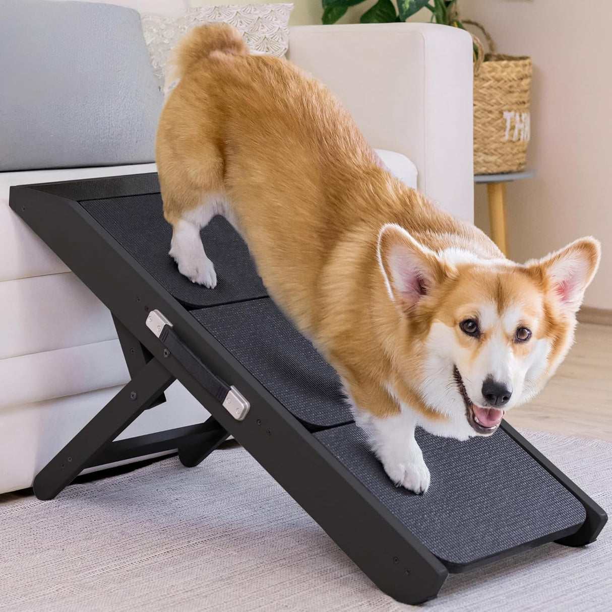 Dog ramp for Couch – Non-Slip, Sturdy Build Foldable Dog ramp – Supports up to 200lbs – Adjustable 7'' to 20'' – Landing Platform Seamlessly Connects – Birchwood Pet Ramp for Small Dogs –Black