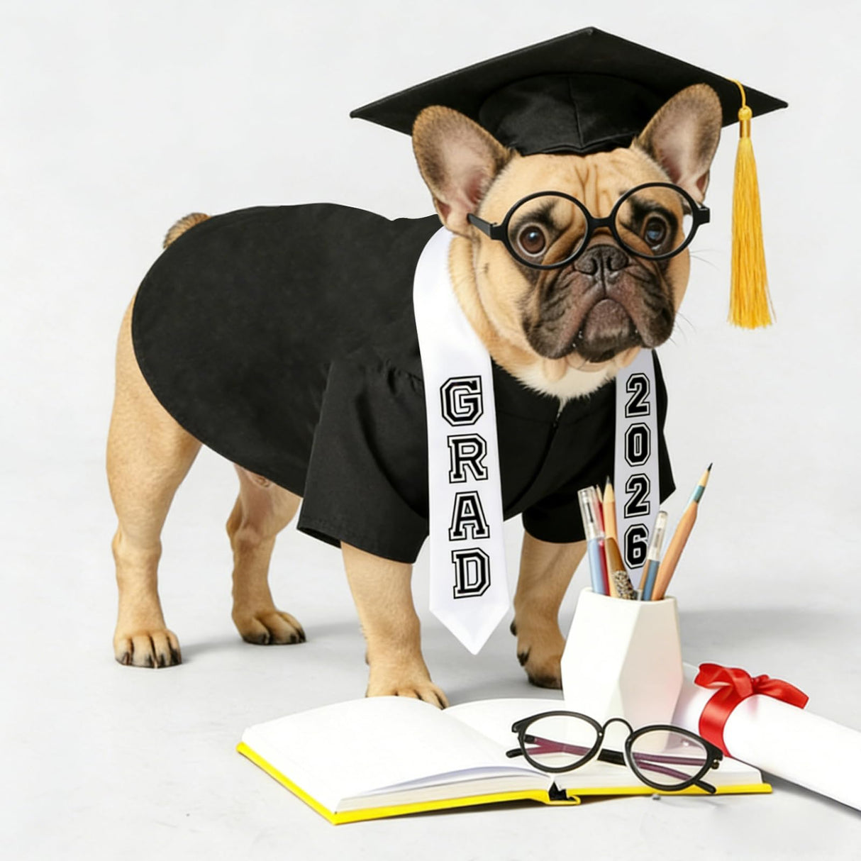 6 Pcs Dog Cat Graduation Cap and Gown Include 2026 Pet Graduation Gown Stole Puppy Grad Cap Lensless Glasses DIY Letter Stickers for Dogs Cats Holiday Costume Accessory (Black, Medium)