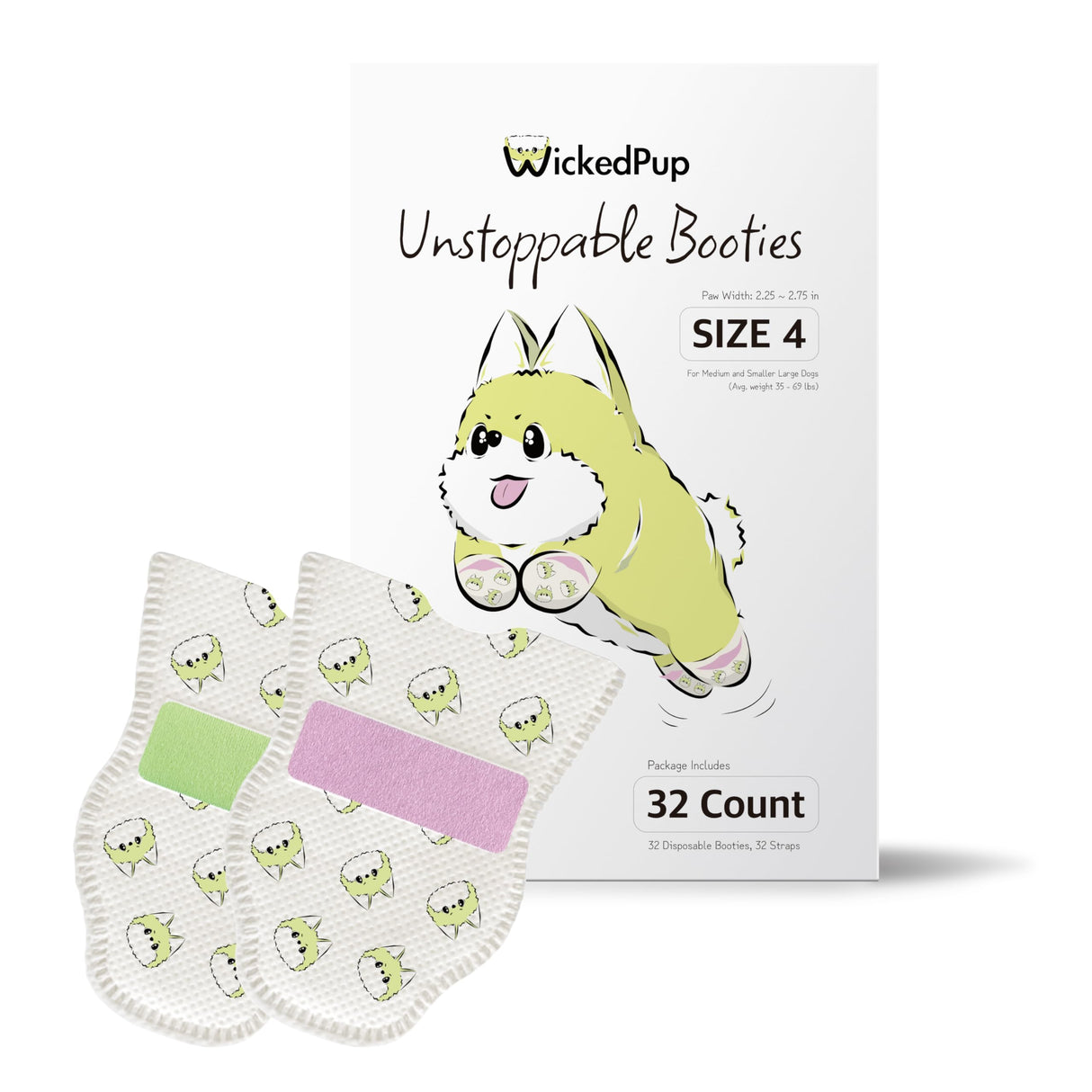 WICKEDPUP Unstoppable Booties for Dogs & Cats, 32 Count, Size 4 | Disposable Dog Boots & Paw Protectors | Breathable Puppy Shoes to Prevent Licking Paws (Size 4: Paw Width 2.25~2.75 inches)