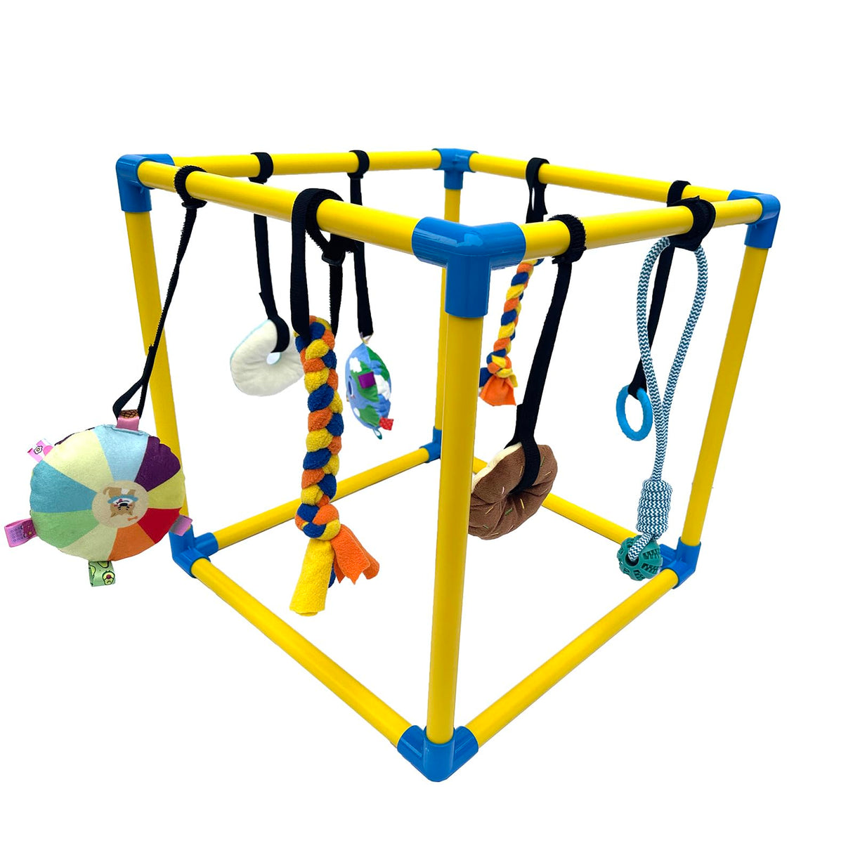 Dewonch Puppy Play Gym with 8 Hanging Toys, Small Dogs Indoor Jungle Gym, PVC Frame with Bungee Straps Enrichment Activity Center