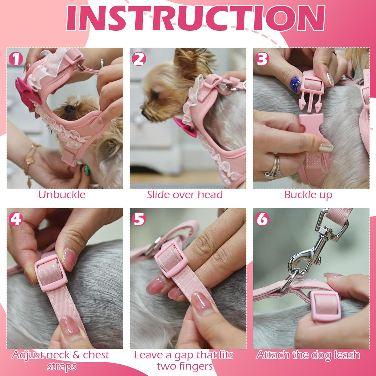 EXPAWLORER Cute Dog Harness, Pink Girl Adjustable No Pull Vest Harness and Leash Set, Soft Padded Step in Wedding Attire Suit Dress Costume with Bow Tie for Puppy Small Medium Female Dogs, X-Small