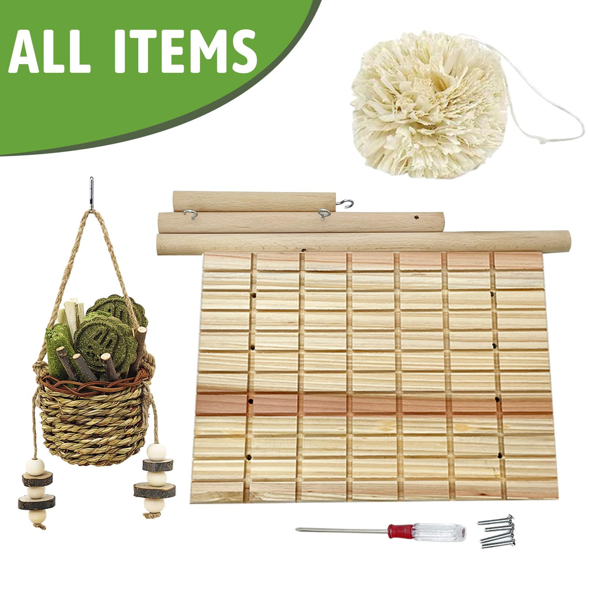 kathson Bunny Chew Toys for Teeth Grinding, Rabbit Wooden Scratch Board Feet Pad Platform Natural Seagrass Hanging Basket Small Animals Play Toy for Guinea Pigs Chinchilla Hamsters(C)