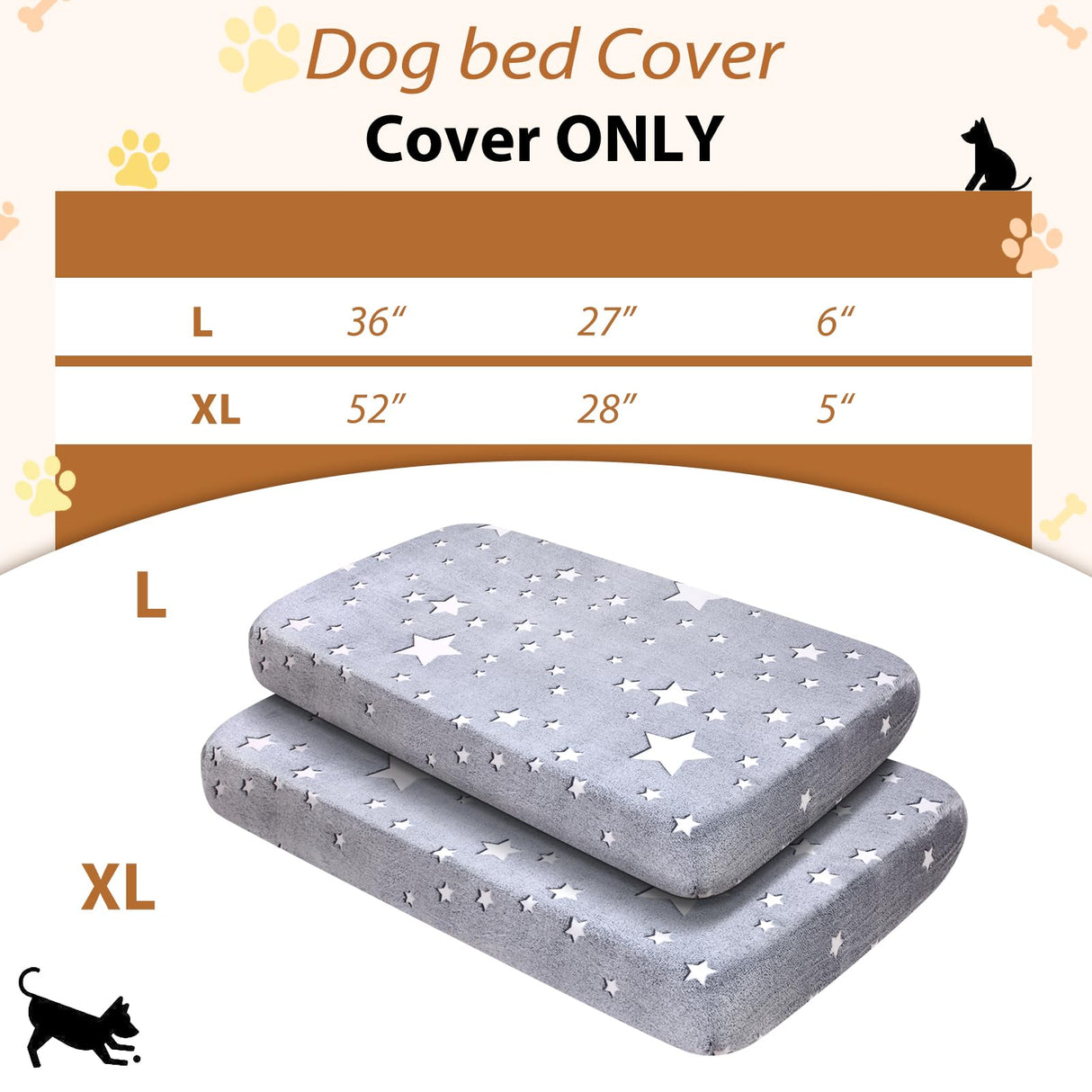 Hoopttay Flannel Waterproof Dog Bed Covers Replacement Washable, Elastic Edged Dog Bed Sheet with Glow in the Dark Star Design for Large & Medium Pet Beds, Cover Only (Gray, 52.0"L x 28.0"W x 5.0"Th)