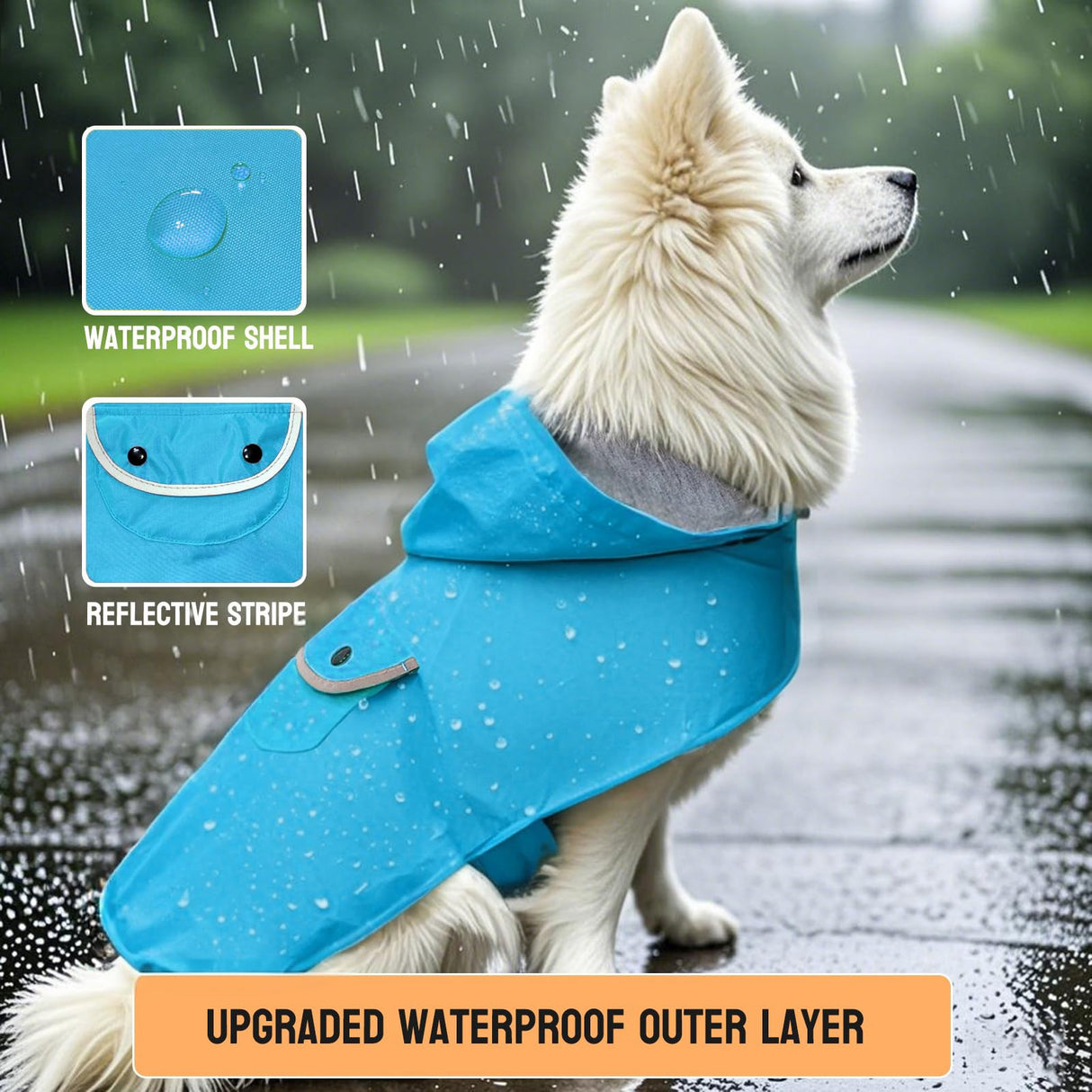 BECNBEAU Dog Raincoat Dogs Rain Jacket Reflective Winter Warm Lined Poncho Rainwear Waterproof Pet Clothes Pocket Hooded Leash Hole Adjustable Small Medium Dogs,Blue,XL,Back Length 14.9 Inch