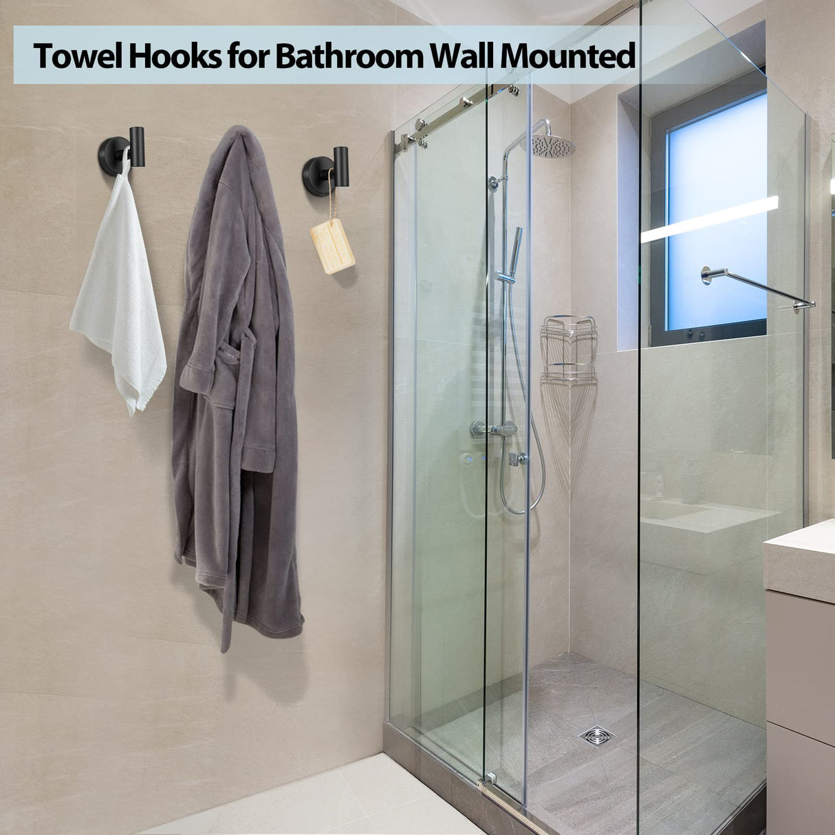 Towel Hooks for Bathroom,2 Packs Wall Mount Towel Holder,Black Matte Wall Robe Hook,Stainless Steel Heavy Duty Door Hanger Towel Hook for Kitchen, Bedroom,Hotel,Pool,Coats(Drilling)
