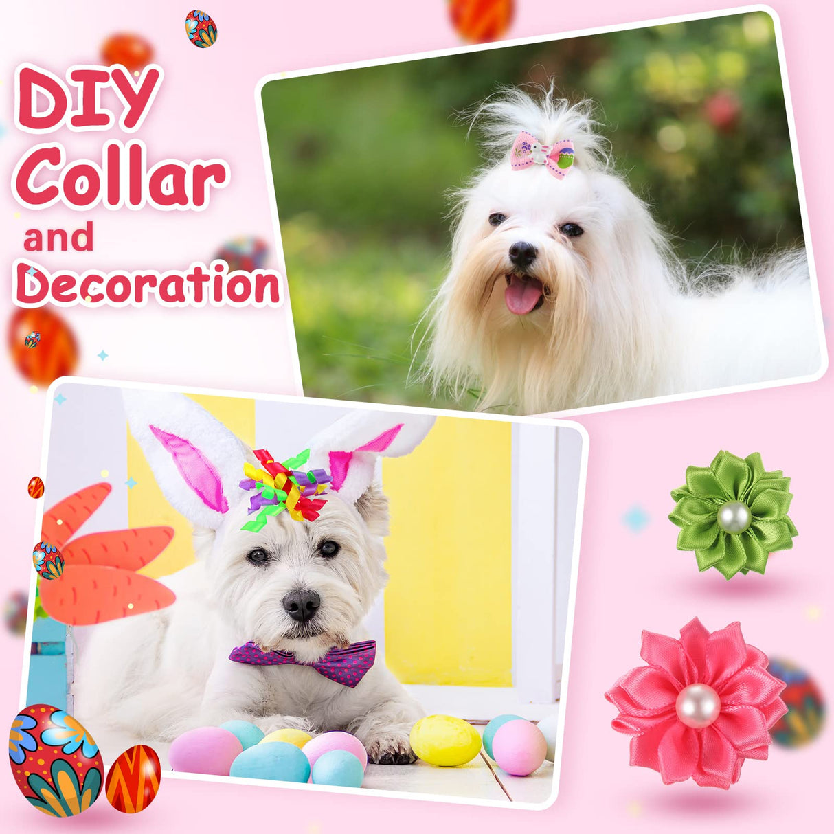 MTLEE 50 Pcs Easter Dog Bows Dog Hair Bows Bulk Easter Grooming Cute Rabbit Pattern with Rubber Bands Puppy Yorkie Cat Bunny Butterfly Topknot Rhinestone Pearl Girl Accessories