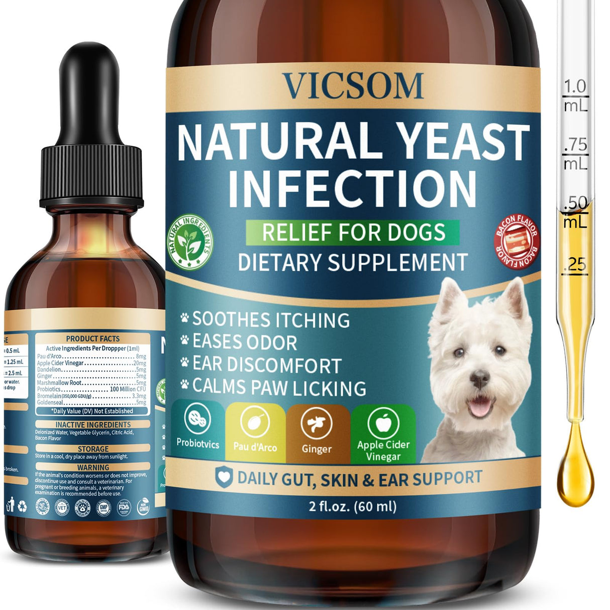 VICSOM Natural Dog Yeast Infection Treatment for Dogs, Itchy Skin & Ear Treatment Natural Support Allergy Relief, Dog Yeast Infection Relief, Support Irritation, Itching & Inflammation 60ml