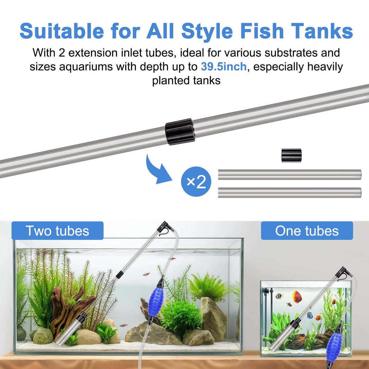 fishkeeper Quick Aquarium Siphon Pump Gravel Cleaner - 256GPH Adjustable Powerful Fish Tank Vacuum Gravel Cleaning Kit for Aquarium Water Changer, Sand Cleaner, Dirt Removal