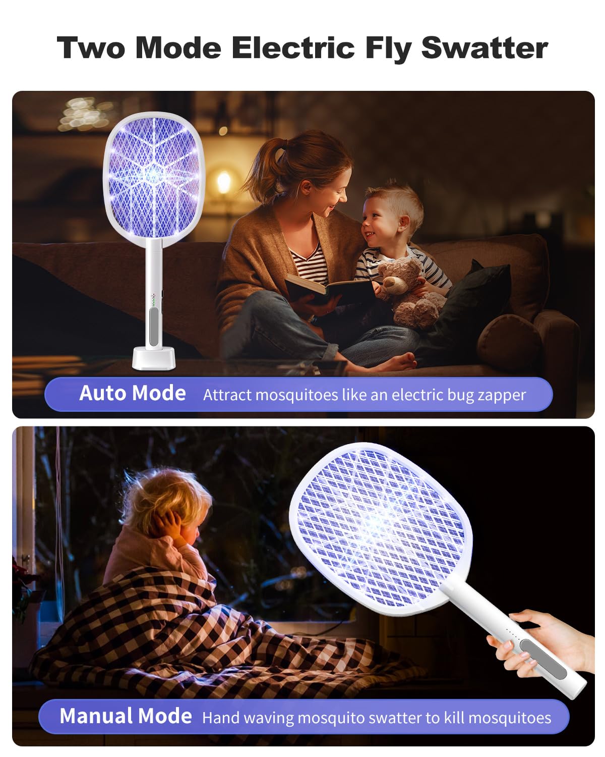 Electric Fly Swatter,4000V Bug Zapper Racket,2 in 1 Mosquito Zapper Racket with 1200ml Battery Rechargeable Purple Mosquito Killer Lamp with 3 Layers of Safety Net Suitable for Indoor and Outdoor