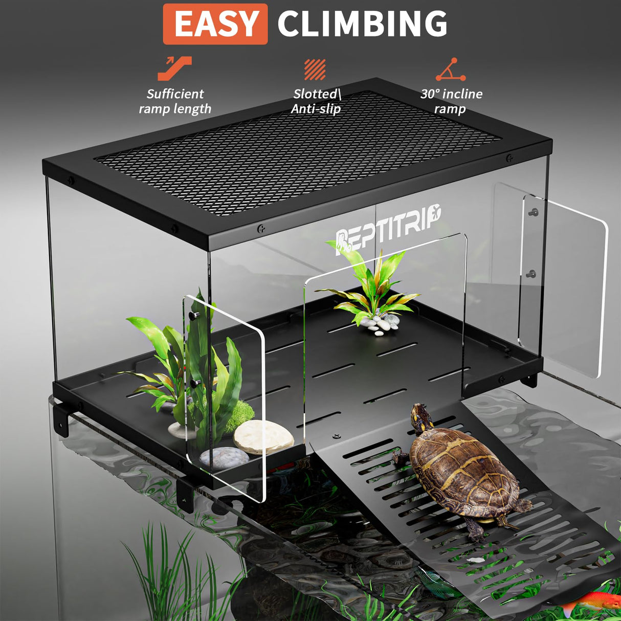 Turtle Basking Platform & Dock - Stainless Steel Turtle Ramp, Non-Slip Surface - Fits 10-13 Inch Wide Aquariums
