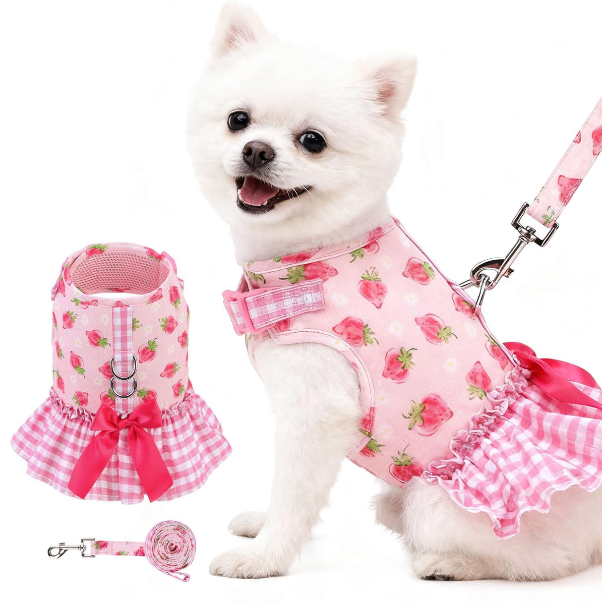 EXPAWLORER Dog Harness Small Medium Sized Dogs, Plaid Dog Dress Bowknot Harness and Leash Set, No Choke No Pull Soft Mesh Vest Cute Princess Puppy Outfits Clothes Costume for Girls Party Cats Pink M