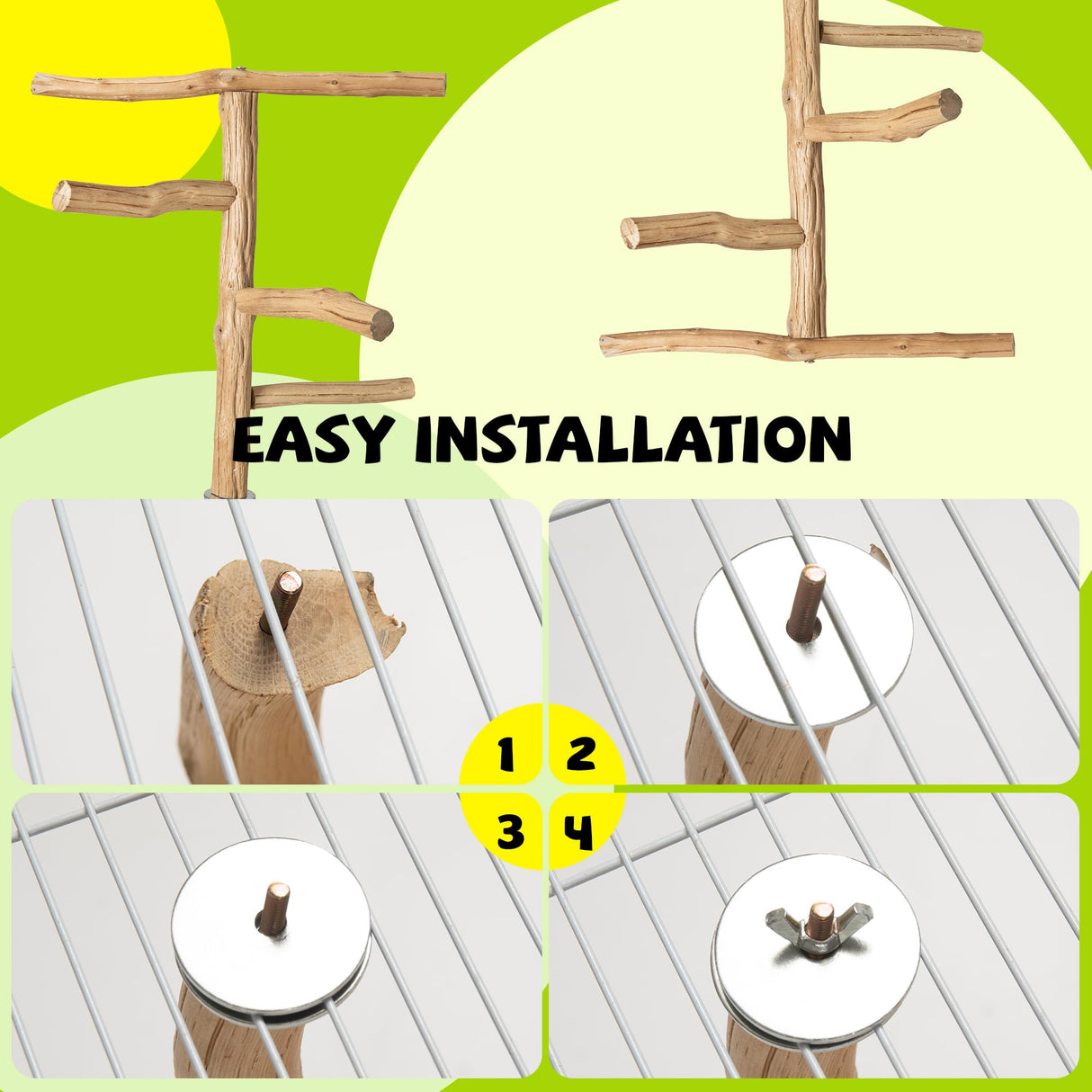 Pecirvoli Natural Wood Bird Perch & Play Stand for Parakeets/Cockatiels - Multi-Level Cage Accessory with Training Branch