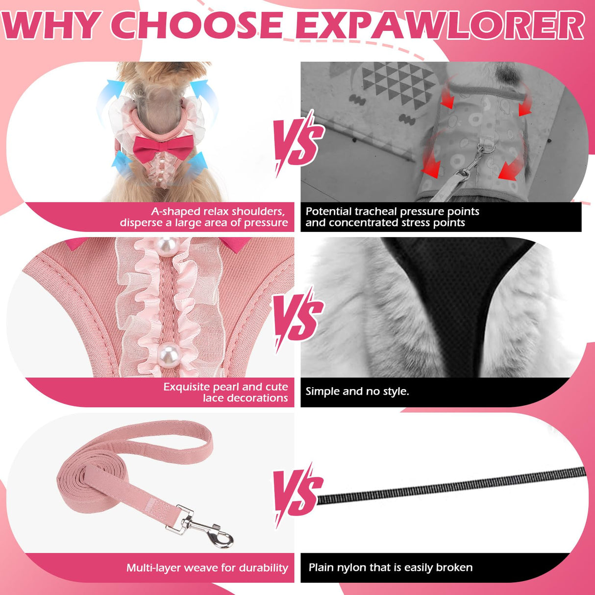 EXPAWLORER Cute Dog Harness, Pink Girl Adjustable No Pull Vest Harness and Leash Set, Soft Padded Step in Wedding Attire Suit Dress Costume with Bow Tie for Puppy Small Medium Female Dogs, X-Small
