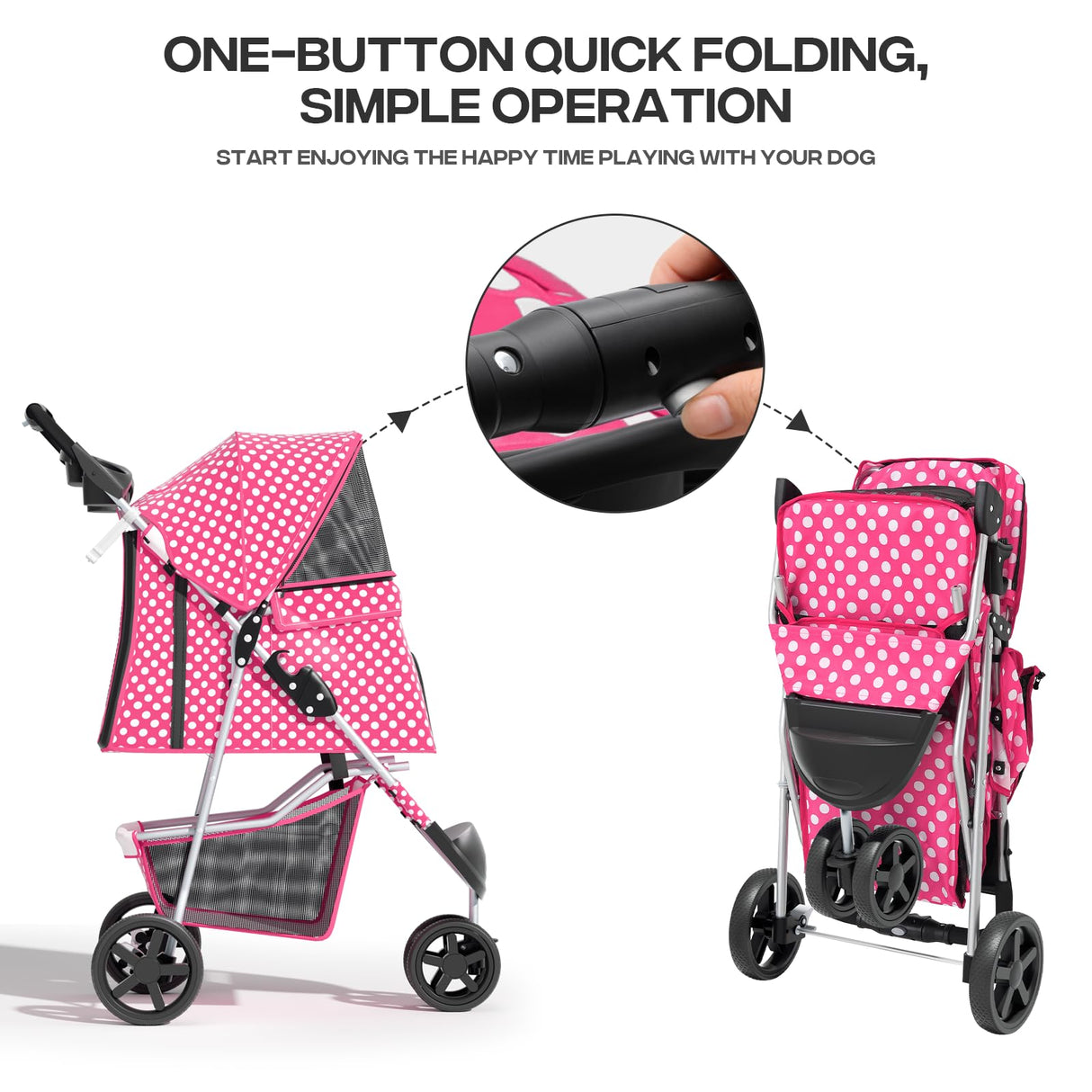 Pink Dog Stroller for Medium Dogs 30 lbs Pet Stroller for Small Dogs Cat Strollers for 2 Cats, 3 Wheels Foldable Jogger Puppy Stroller with Storage Basket and Cup Holder, Pink Polka Dots