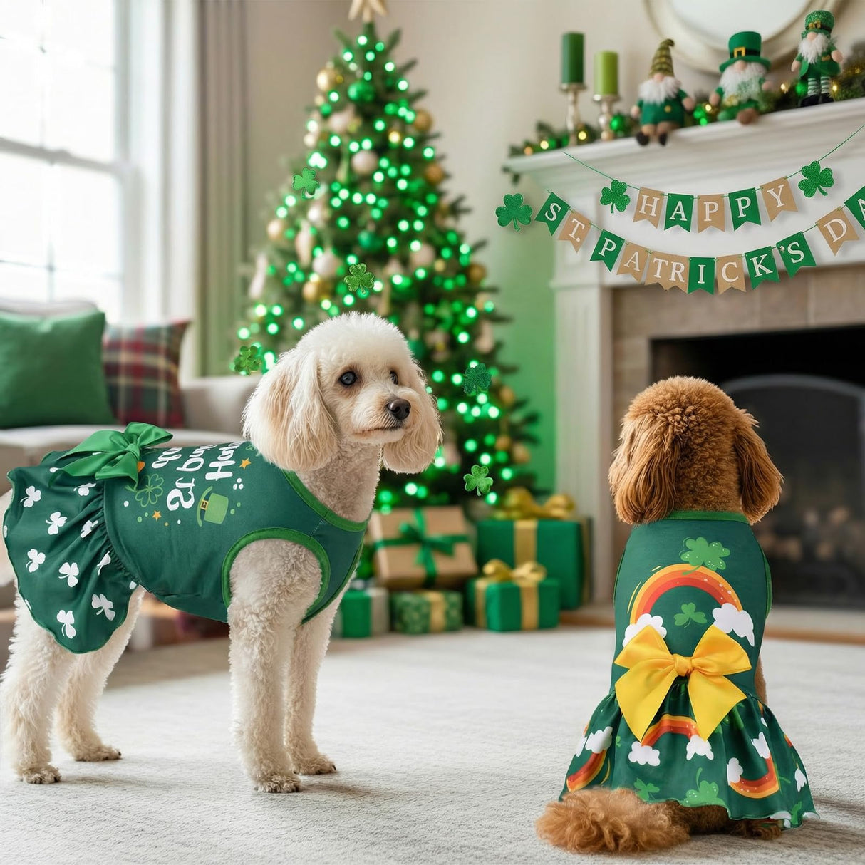 Vehomy 2-Pack Saint Patricks Day Dog Cat Dress St Patricks Clover Rainbow Puppy Dresses with Bow Pet Bowknot Shamrock Skirt Outfit Costume for Puppies Cats Small & Medium Dogs XS
