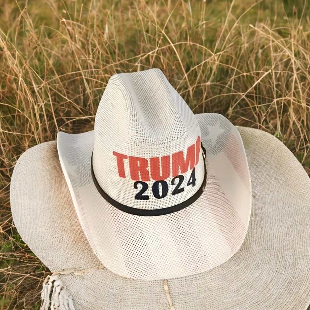 Generic Trump 2024 Western Cowboy Hat, American Flag Cowboy Hat for Men and Women, Wide Brim Straw Cowboy and Cowgirl Hat, Classic Outdoor Sunshade Cowboy Hats with Belt Buckle Multicolor