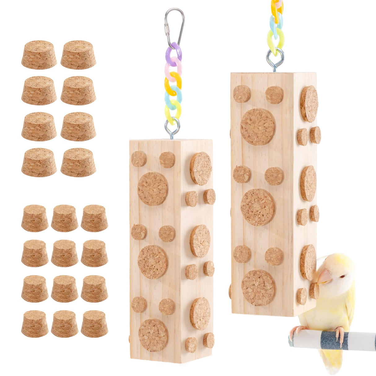 JONS NTY 2 Pcs Wooden Bird Chew Toys - 7.9 Inch Hanging Parrot Toys, with 92 Detachable Corks, Relieve Boredom & Anxiety, Foraging Toys, for Parakeet, Cockatiel, Conure, Budgie, Lovebird